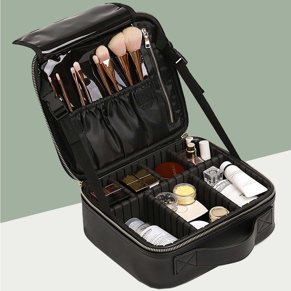 Black toiletries bag with gold zipper